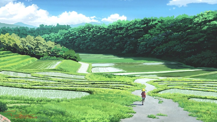 Anime girl walks through rice fields with trees and clouds