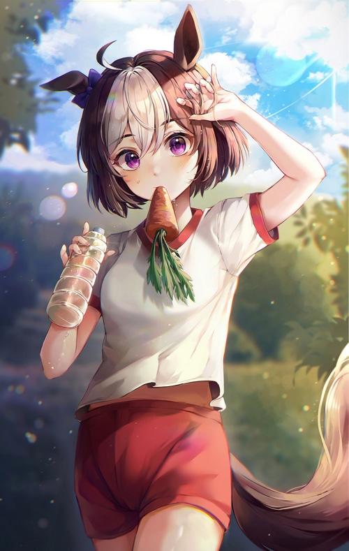 Special Week eating a carrot and holding a bottle