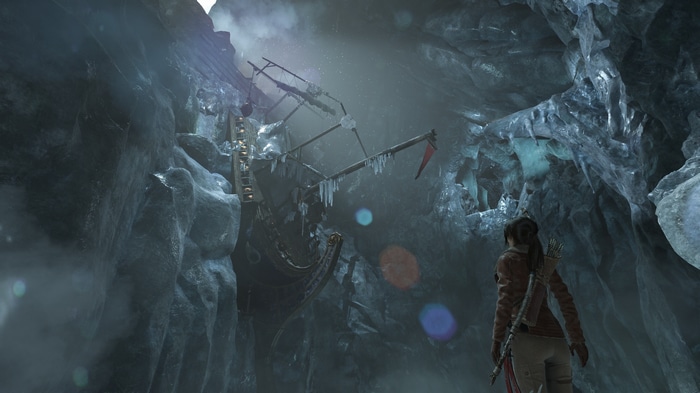 Lara Croft in an ice cave with a shipwreck