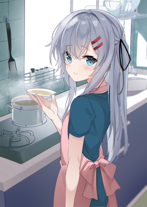 Anime girl cooking in a kitchen