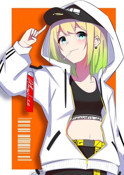 Anime girl with blonde hair and green tips wearing a hat and hoodie