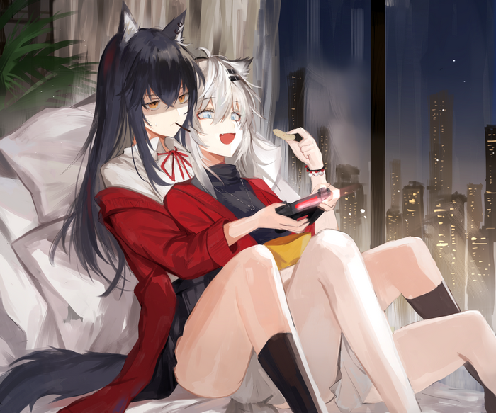 Lappland and Texas playing video games in Arknights