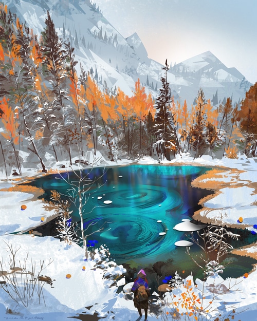 Person on horseback by a turquoise pond in a snowy landscape