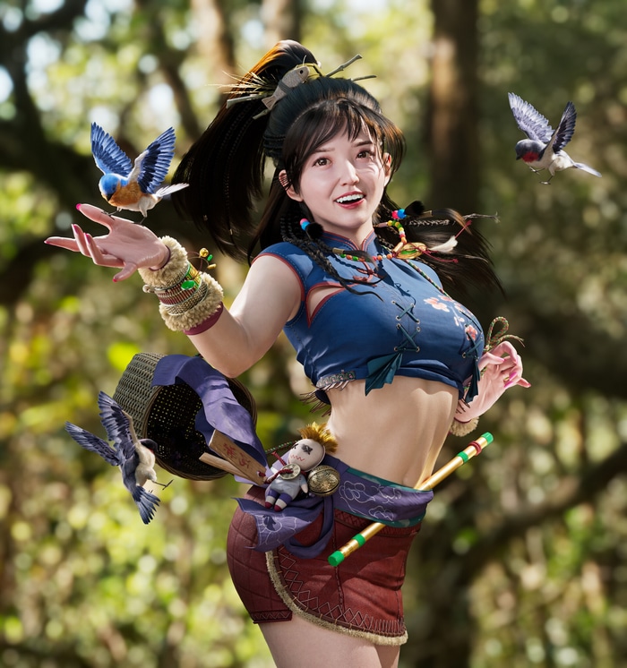 Asian woman with birds in a forest