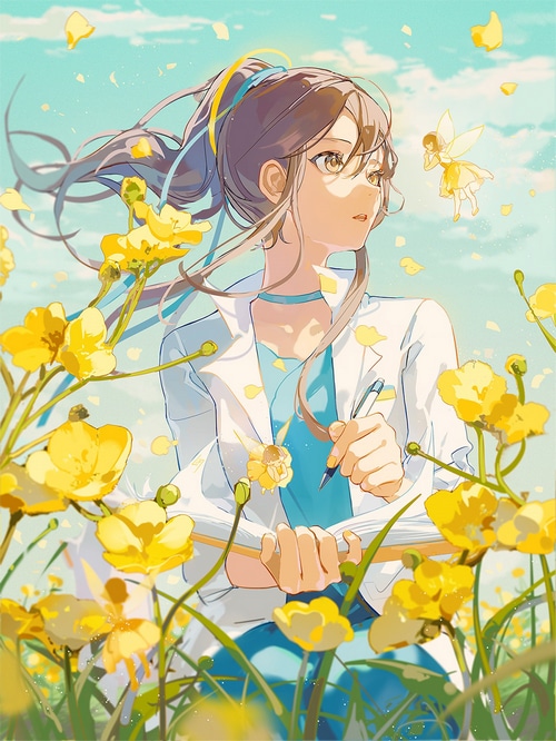 Anime girl with fairy in a field of yellow flowers