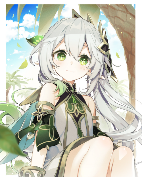Nahida from Genshin Impact in a tropical setting