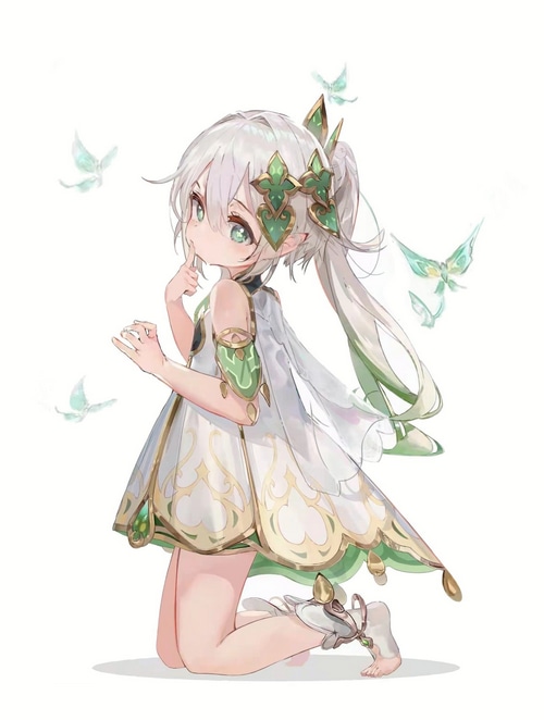 Nahida from Genshin Impact kneeling with butterflies