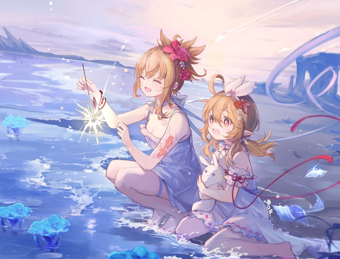 Yoimiya and Klee with fireworks by the sea
