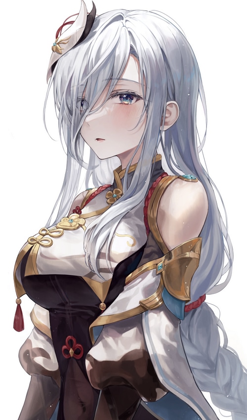 Shenhe from Genshin Impact with white hair and braids
