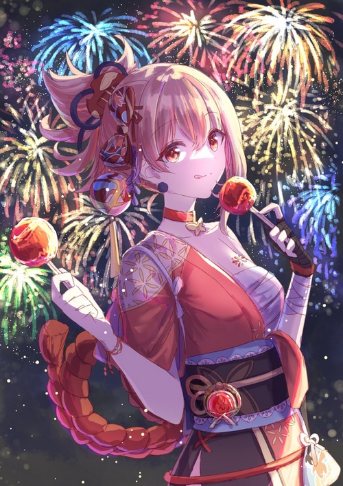 Yoimiya holding candy apples with fireworks