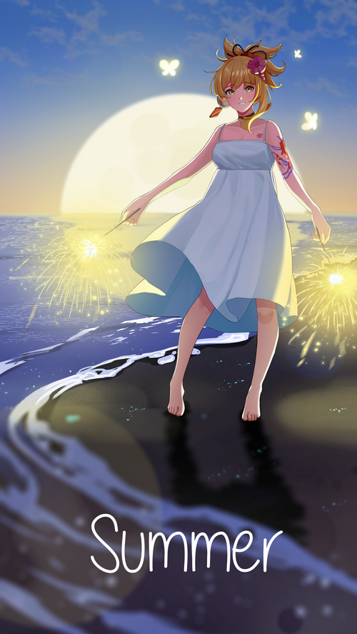 Yoimiya from Genshin Impact with fireworks on the beach
