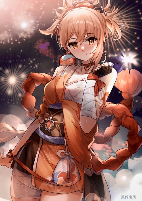 Yoimiya from Genshin Impact with fireworks