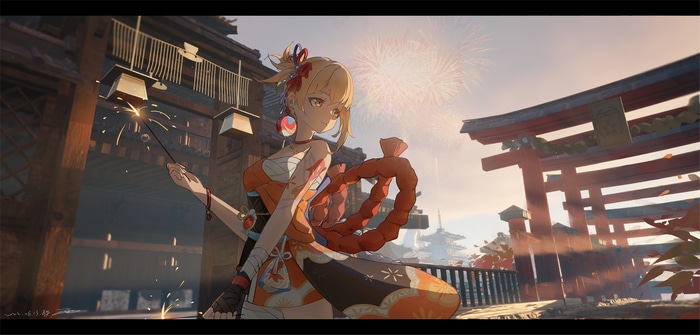 Yoimiya holding a sparkler with fireworks in the background