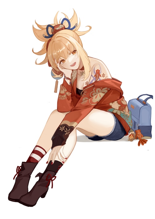 Yoimiya from Genshin Impact sitting with a backpack