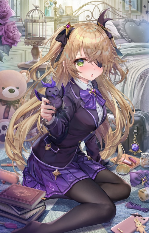 Fischl from Genshin Impact holding a bird