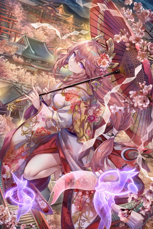 Yae Miko with umbrella and fox spirits in cherry blossoms