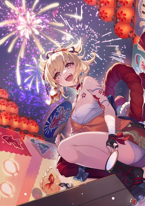 Yoimiya from Genshin Impact at a festival with fireworks