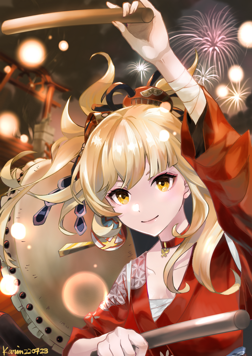 Yoimiya playing a drum with fireworks in the background