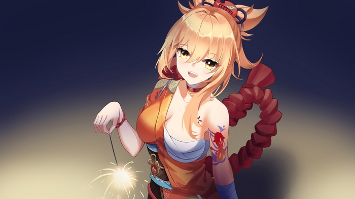 Yoimiya from Genshin Impact holding a sparkler