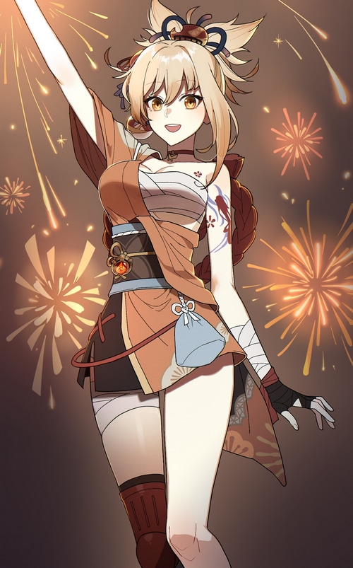 Yoimiya from Genshin Impact with fireworks