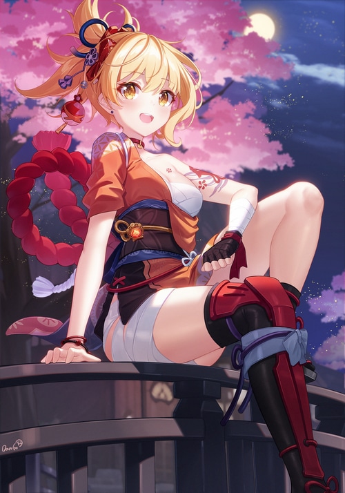Yoimiya from Genshin Impact sitting on a bridge