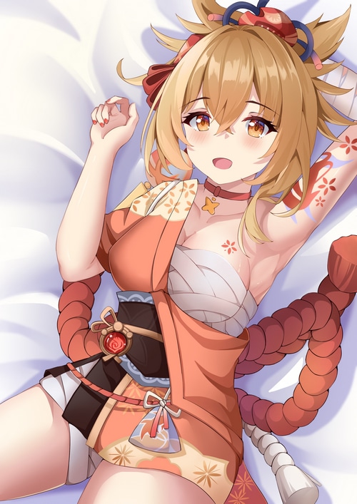 Yoimiya from Genshin Impact lying on a pillow