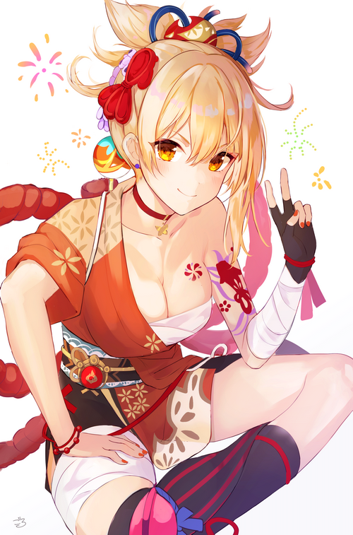 Yoimiya from Genshin Impact with fireworks