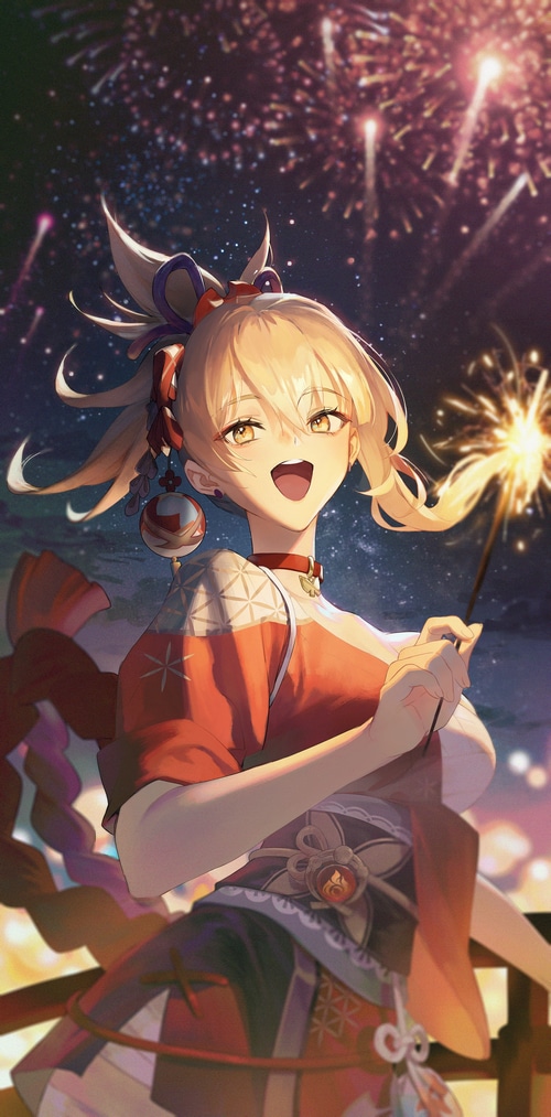 Yoimiya from Genshin Impact holding a sparkler