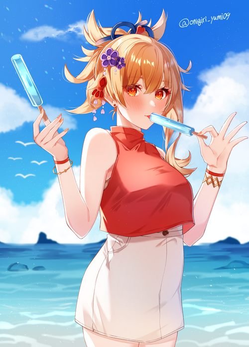Yoimiya from Genshin Impact eating popsicles at the beach