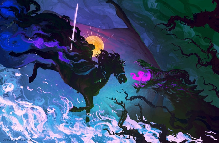 Knight on Horse Fighting a Dragon by Anato Finnstark
