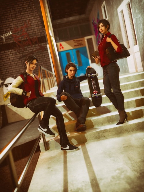 Claire Redfield, Jill Valentine, and Ada Wong on stairs