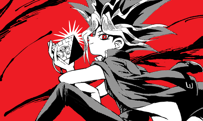 Yami Yugi holding the Millennium Puzzle on red background