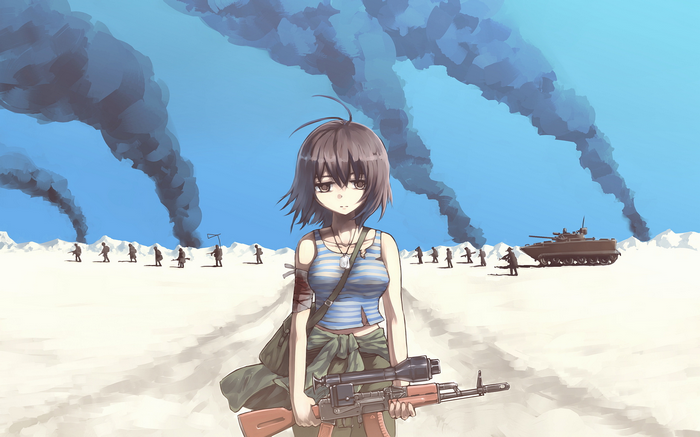 Girl with gun in a desert with smoke and soldiers