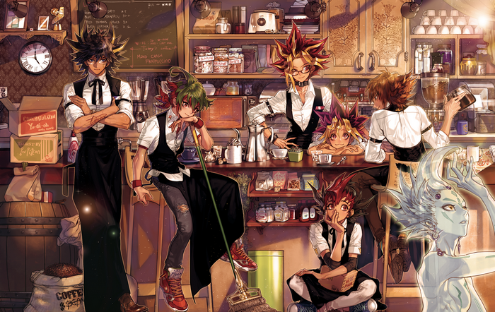 Yu-Gi-Oh! characters in a cafe setting
