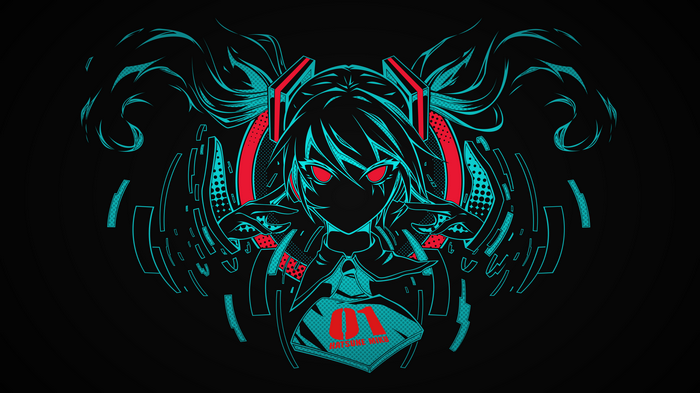 Hatsune Miku with red eyes and twintails