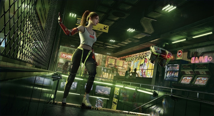 Cyberpunk woman with robotic arm in neon subway