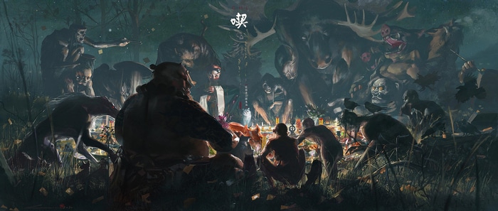 Digital art of a dark ritual with monstrous figures