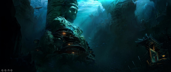 4K underwater ancient city with Buddha statue