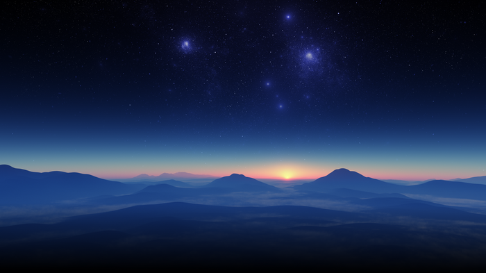 4K starry night over misty mountains at sunrise