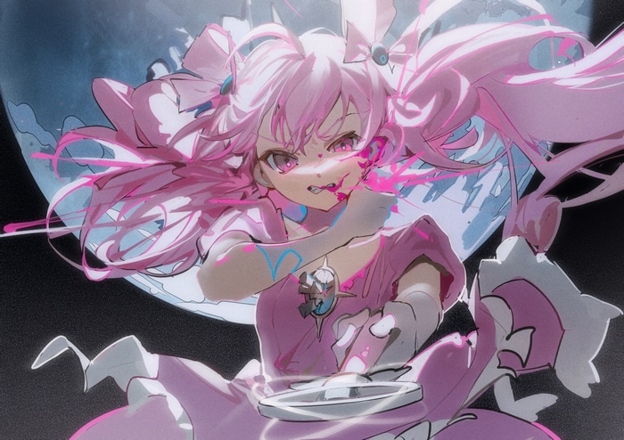 Girl with pink hair and pink eyes playing DJ equipment