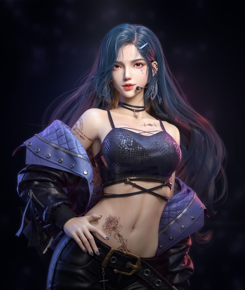 Asian woman with blue hair and tattoos