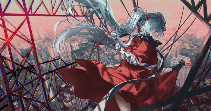 4K Hatsune Miku in a red dress overlooking a city