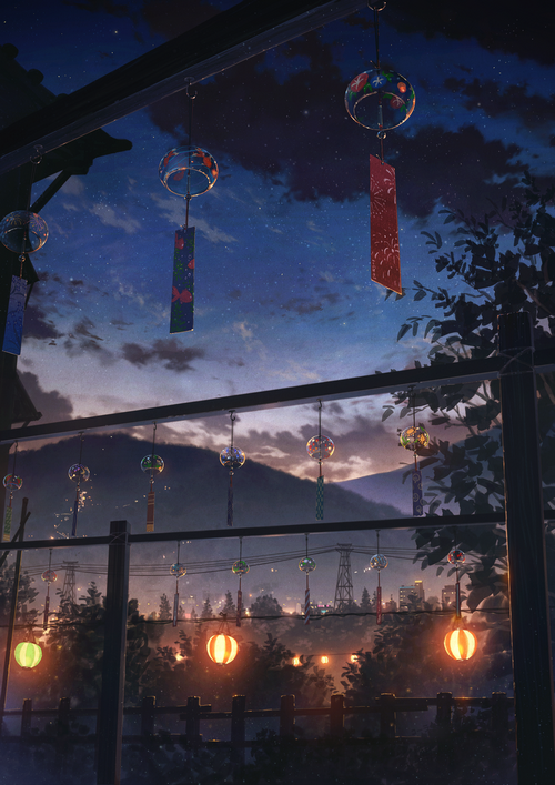 Japanese wind chimes and lanterns under a starry sky