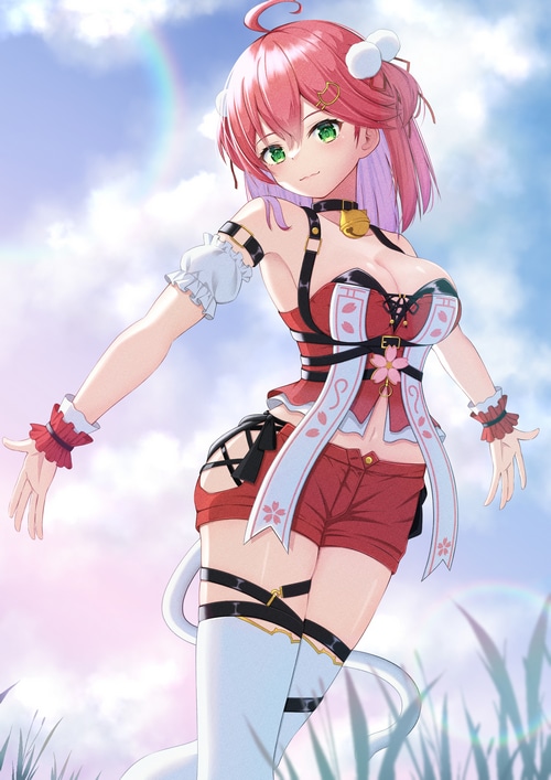 Sakura Miko in a red outfit with thigh-high socks