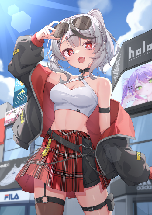 Sakamata Chloe in a red plaid skirt and white top