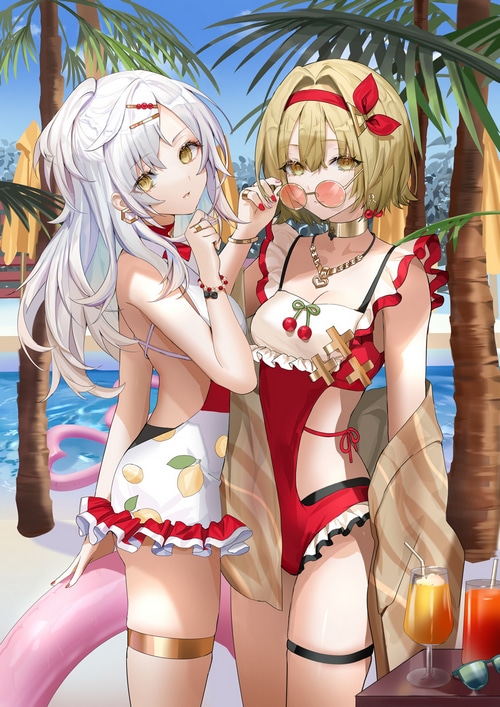 Two anime girls in swimsuits at the beach