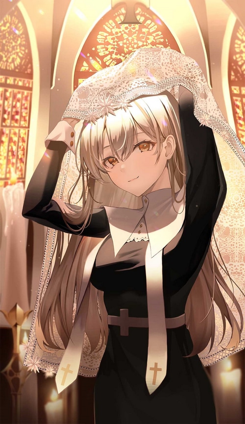 Anime nun with veil in church