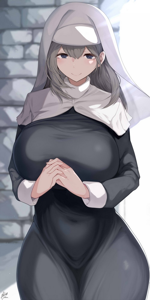 Anime nun with grey hair and blue eyes