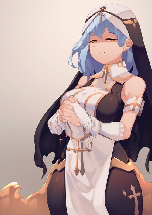 Fan art of a nun with blue hair