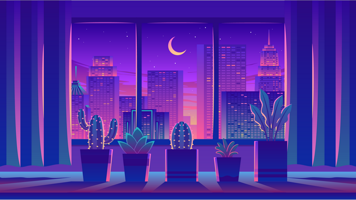 Cityscape view from a window at night with plants